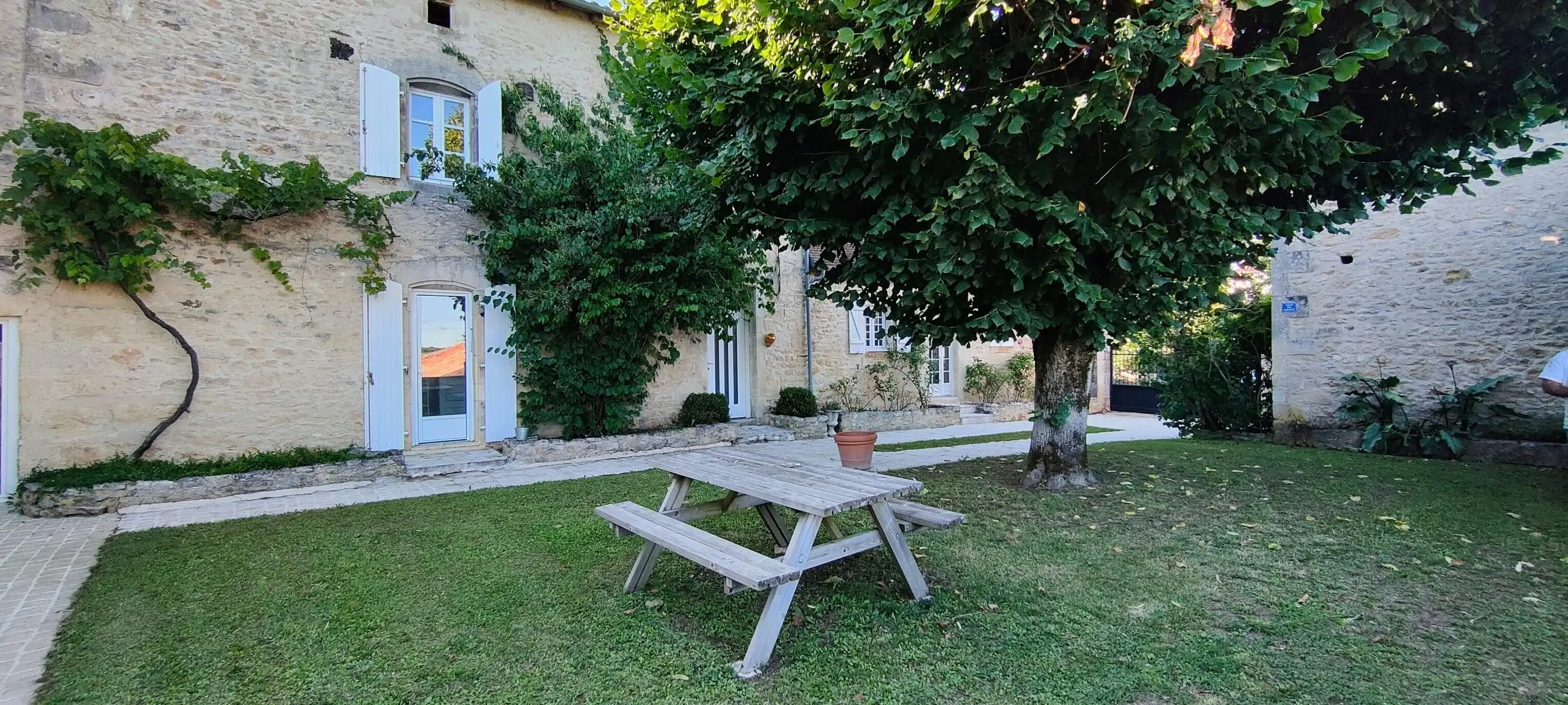 Cour ombragée par un grand tilleul avec table de pique-nique au Clos Lagrange