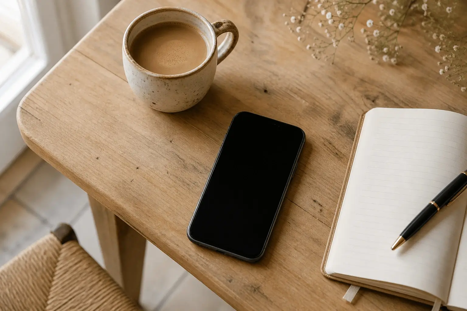 Téléphone, carnet et tasse de café sur un bureau en bois — prise de contact avec Conciergerie 16